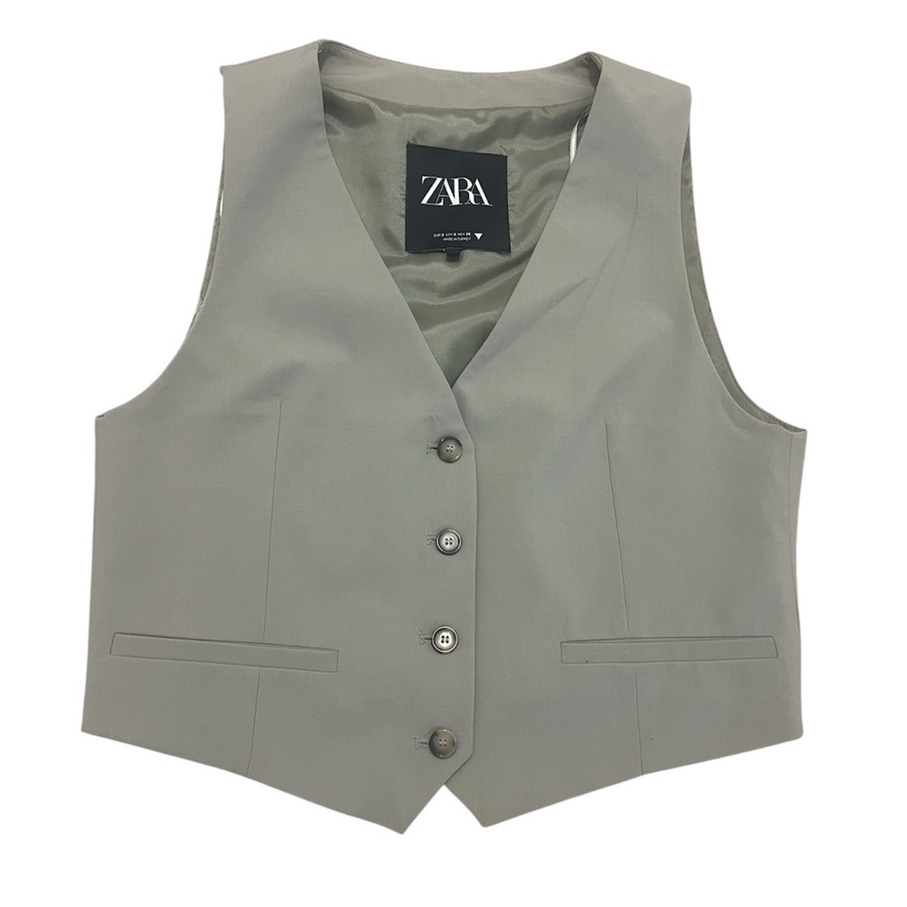 Zara Cropped Waistcoat Vest Size small Olive Green Front Button Office Attire
